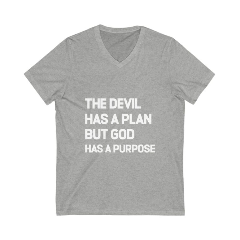 "The Devil has a Plan, God Has a Purpose" Unisex Jersey Short Sleeve V-Neck Tee - Image 5