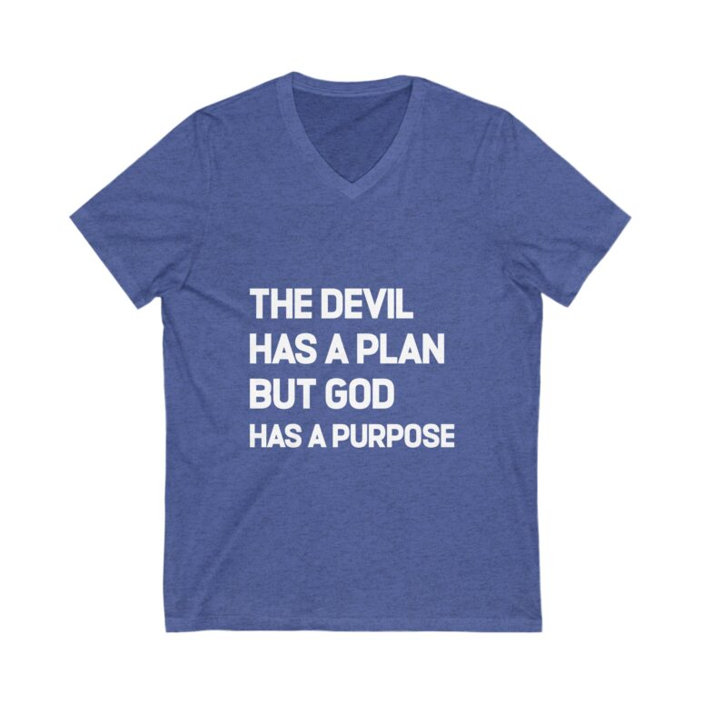 "The Devil has a Plan, God Has a Purpose" Unisex Jersey Short Sleeve V-Neck Tee - Image 9