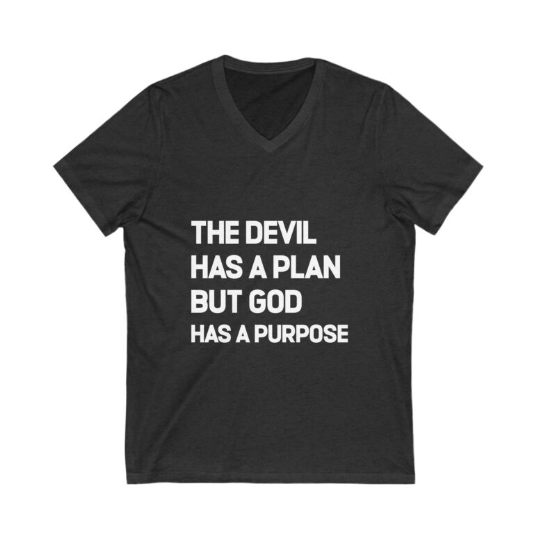 "The Devil has a Plan, God Has a Purpose" Unisex Jersey Short Sleeve V-Neck Tee - Image 11