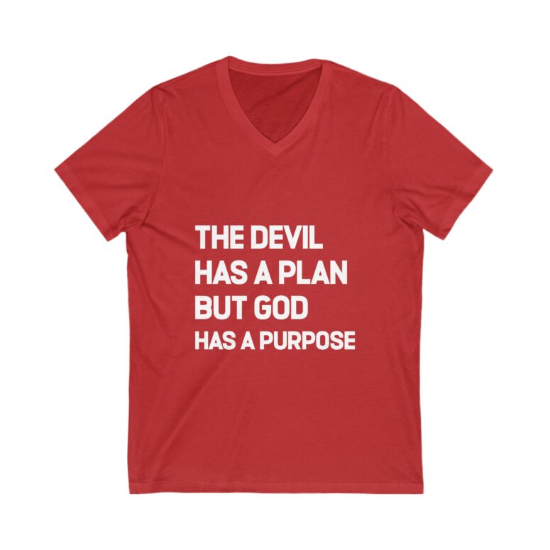 "The Devil has a Plan, God Has a Purpose" Unisex Jersey Short Sleeve V-Neck Tee - Image 17