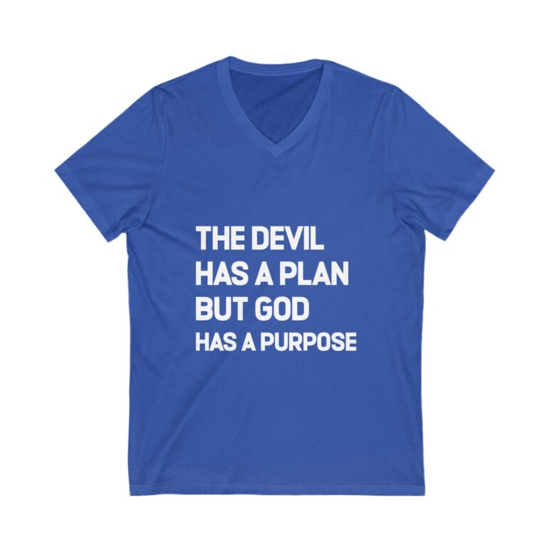 "The Devil has a Plan, God Has a Purpose" Unisex Jersey Short Sleeve V-Neck Tee - Image 7