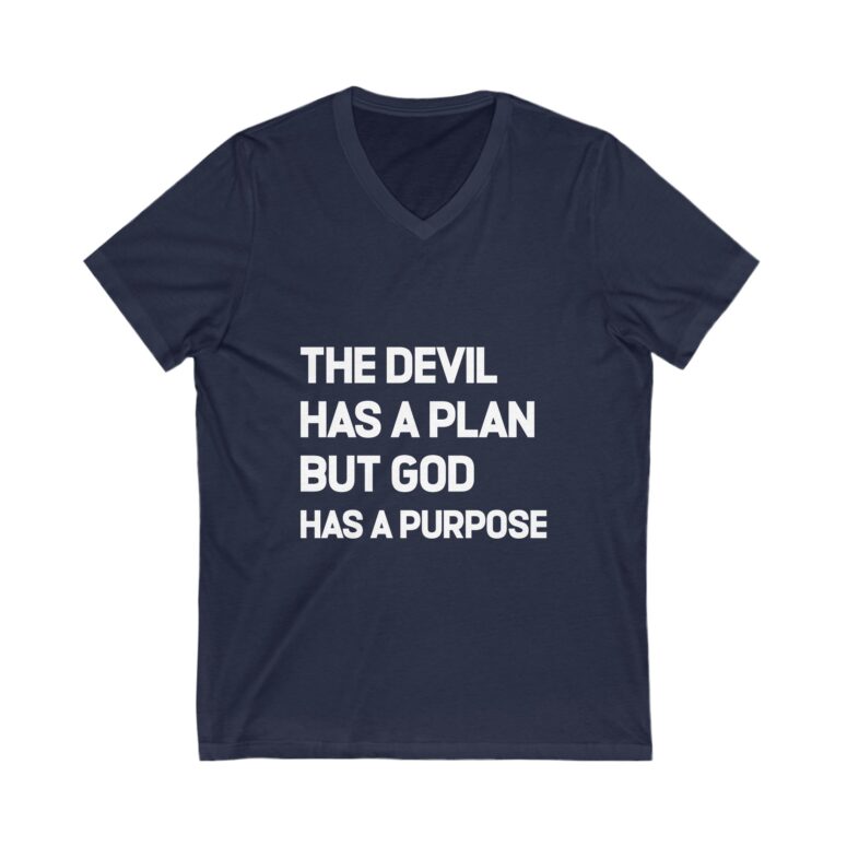 "The Devil has a Plan, God Has a Purpose" Unisex Jersey Short Sleeve V-Neck Tee - Image 13