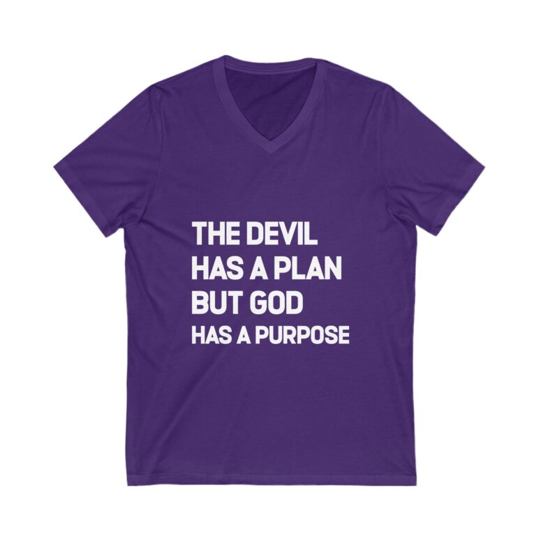 "The Devil has a Plan, God Has a Purpose" Unisex Jersey Short Sleeve V-Neck Tee - Image 15