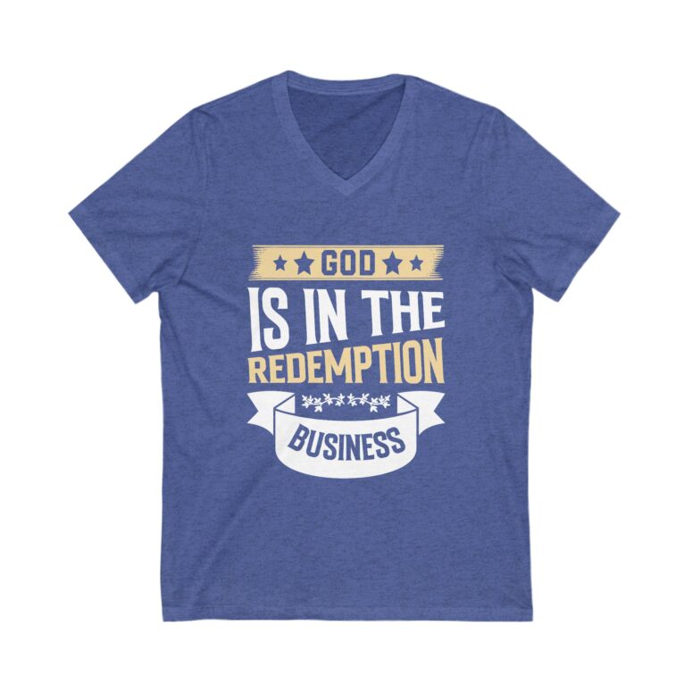 "God is in the Redemption Business" Unisex Jersey Short Sleeve V-Neck Tee - Image 9