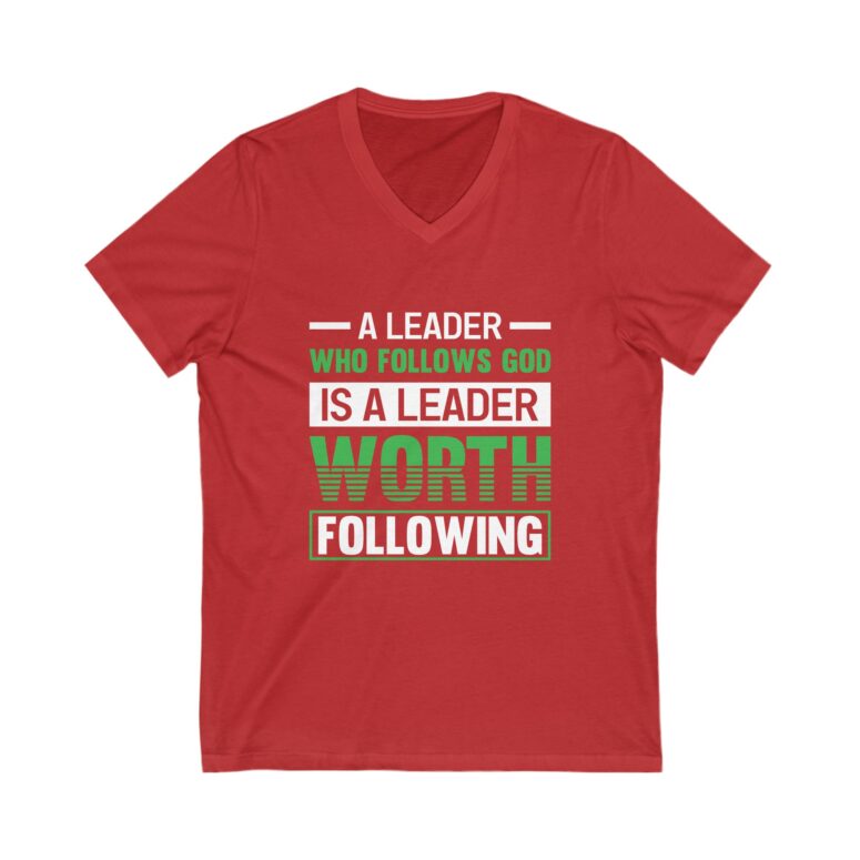 "A Leader Who Follows God..." Unisex Jersey Short Sleeve V-Neck Tee - Image 17