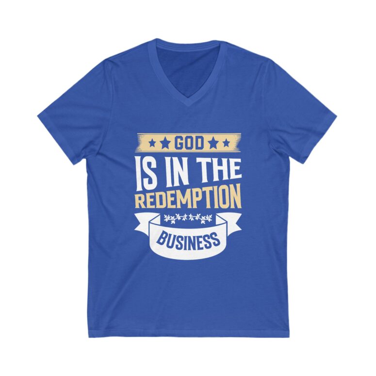 "God is in the Redemption Business" Unisex Jersey Short Sleeve V-Neck Tee - Image 7