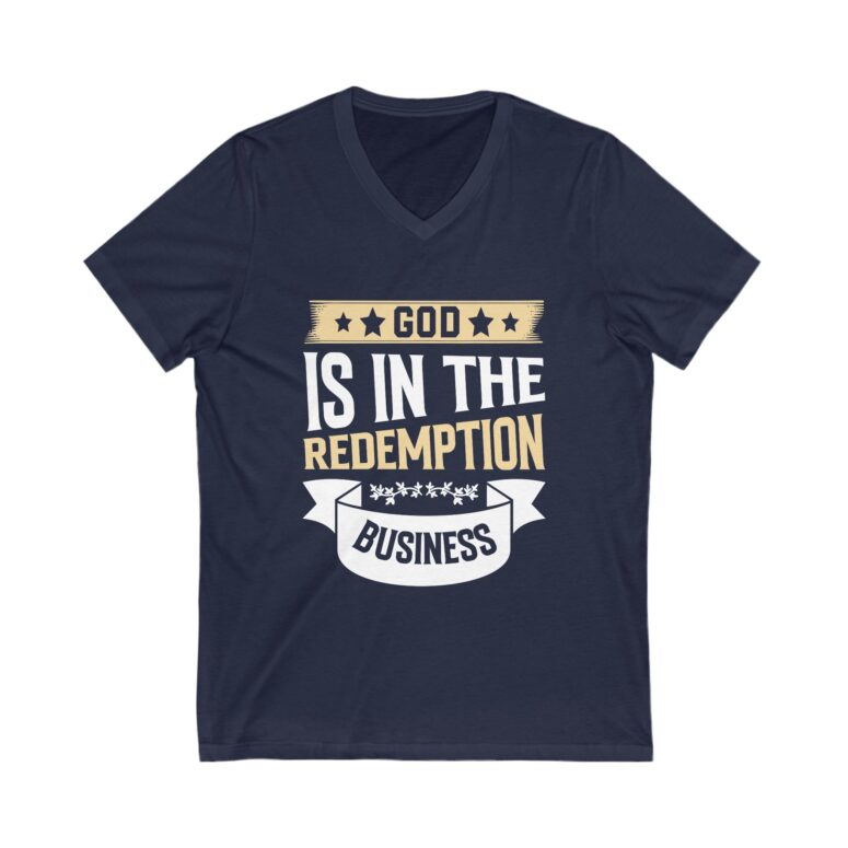 "God is in the Redemption Business" Unisex Jersey Short Sleeve V-Neck Tee - Image 13