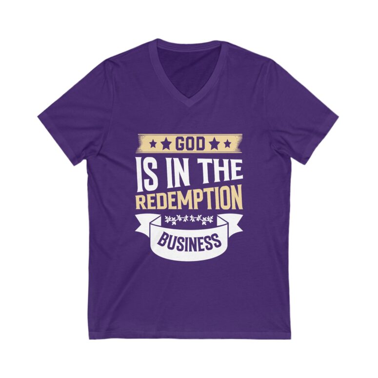 "God is in the Redemption Business" Unisex Jersey Short Sleeve V-Neck Tee - Image 15