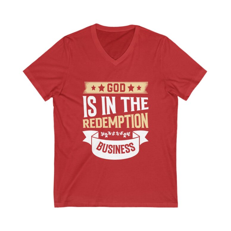 "God is in the Redemption Business" Unisex Jersey Short Sleeve V-Neck Tee - Image 17