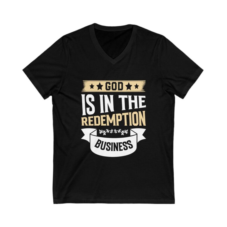 "God is in the Redemption Business" Unisex Jersey Short Sleeve V-Neck Tee - Image 3